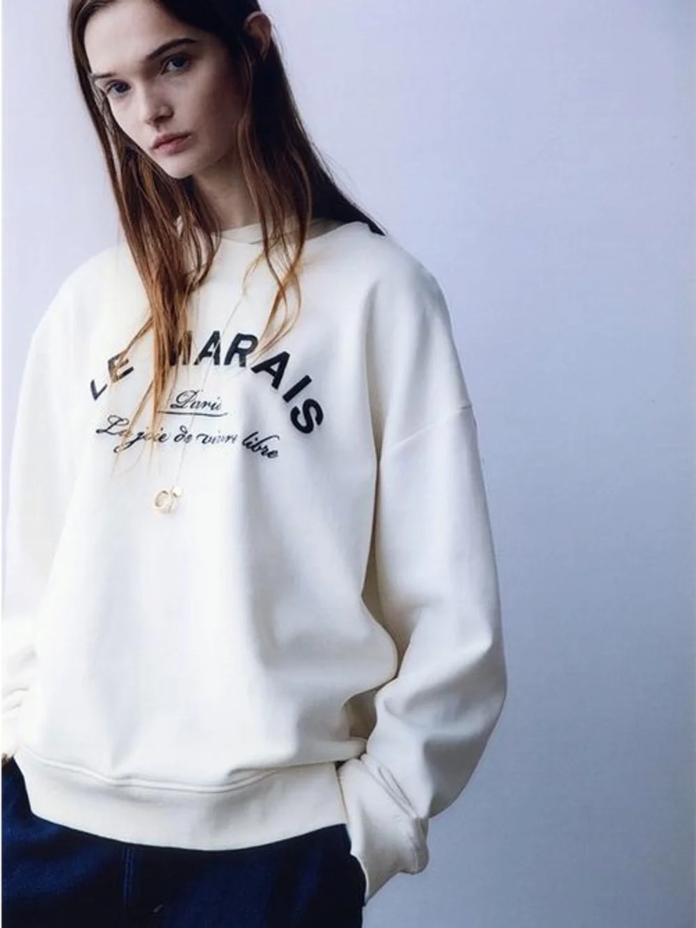 H&M Le Marais Paris Embroidered Oversized Crewneck Sweatshirt in Cream - Picture 2 of 10